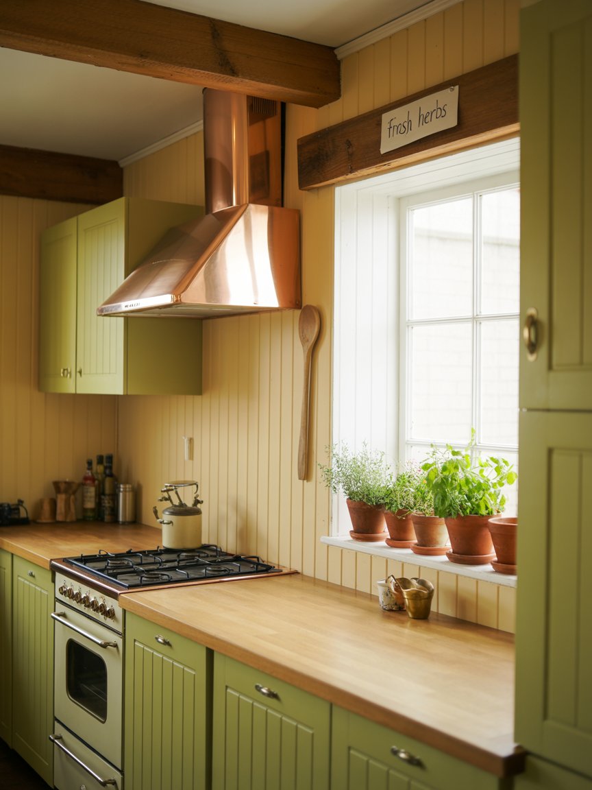 Kitchen with green cabinets and copper range hood