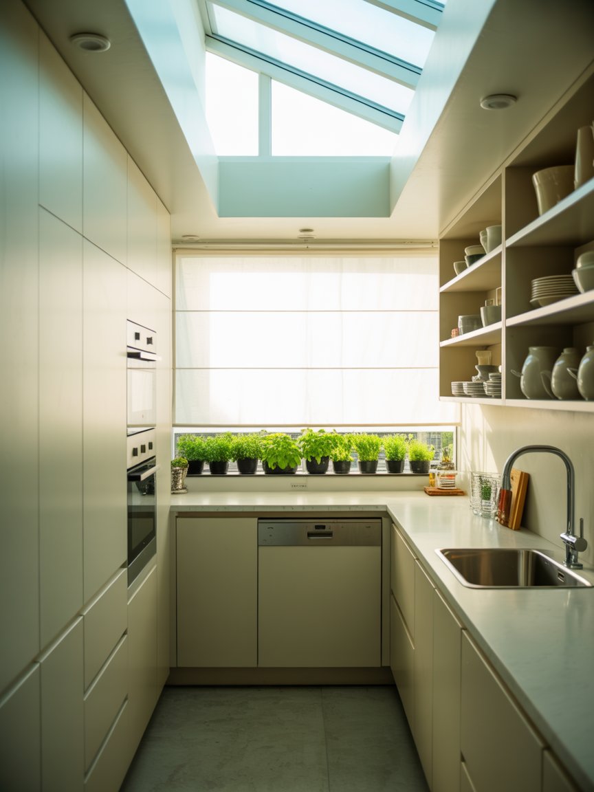 Modern galley kitchen with skylights
