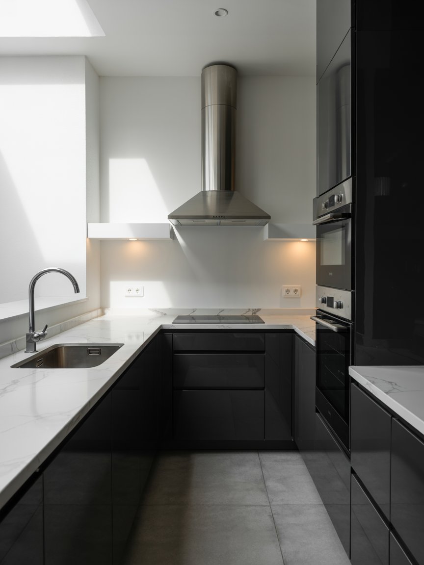 Modern U-shaped kitchen with black cabinets