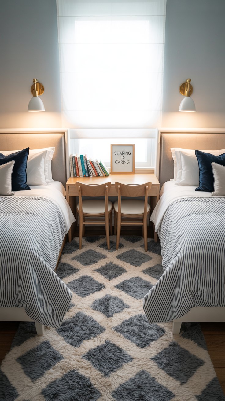 Twin beds with central desk in shared bedroom