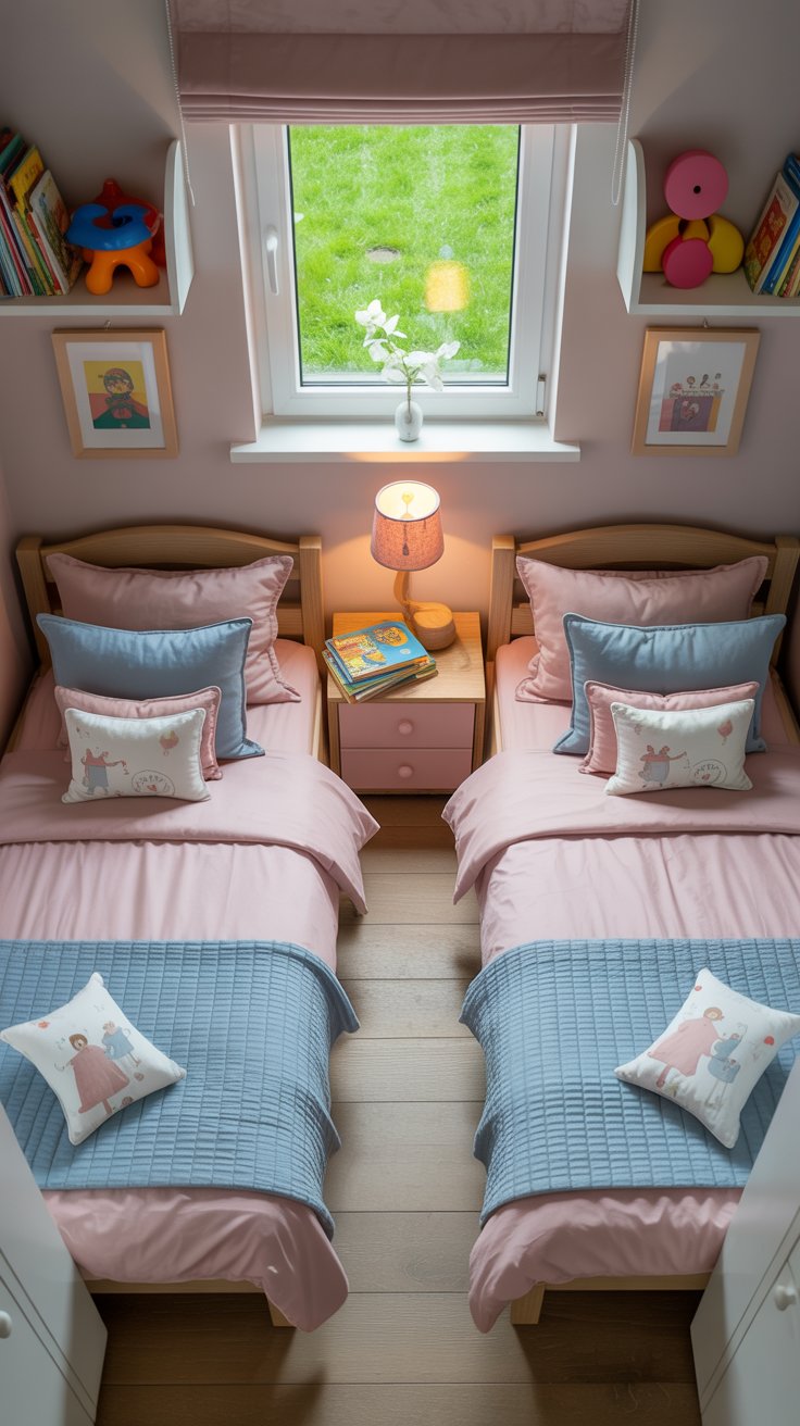 Pastel twin beds with shared nightstand