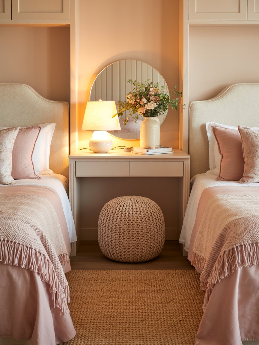 Symmetrical twin beds with warm lighting