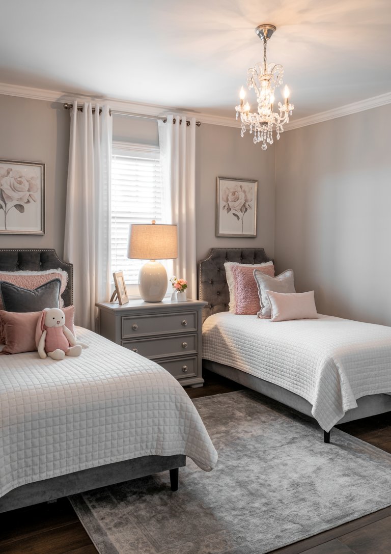 Elegant twin beds in small room