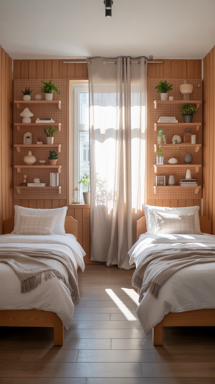 Twin beds with pegboard shelving