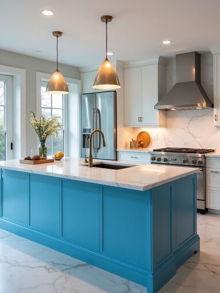 vibrant blue island enlivens cooking space