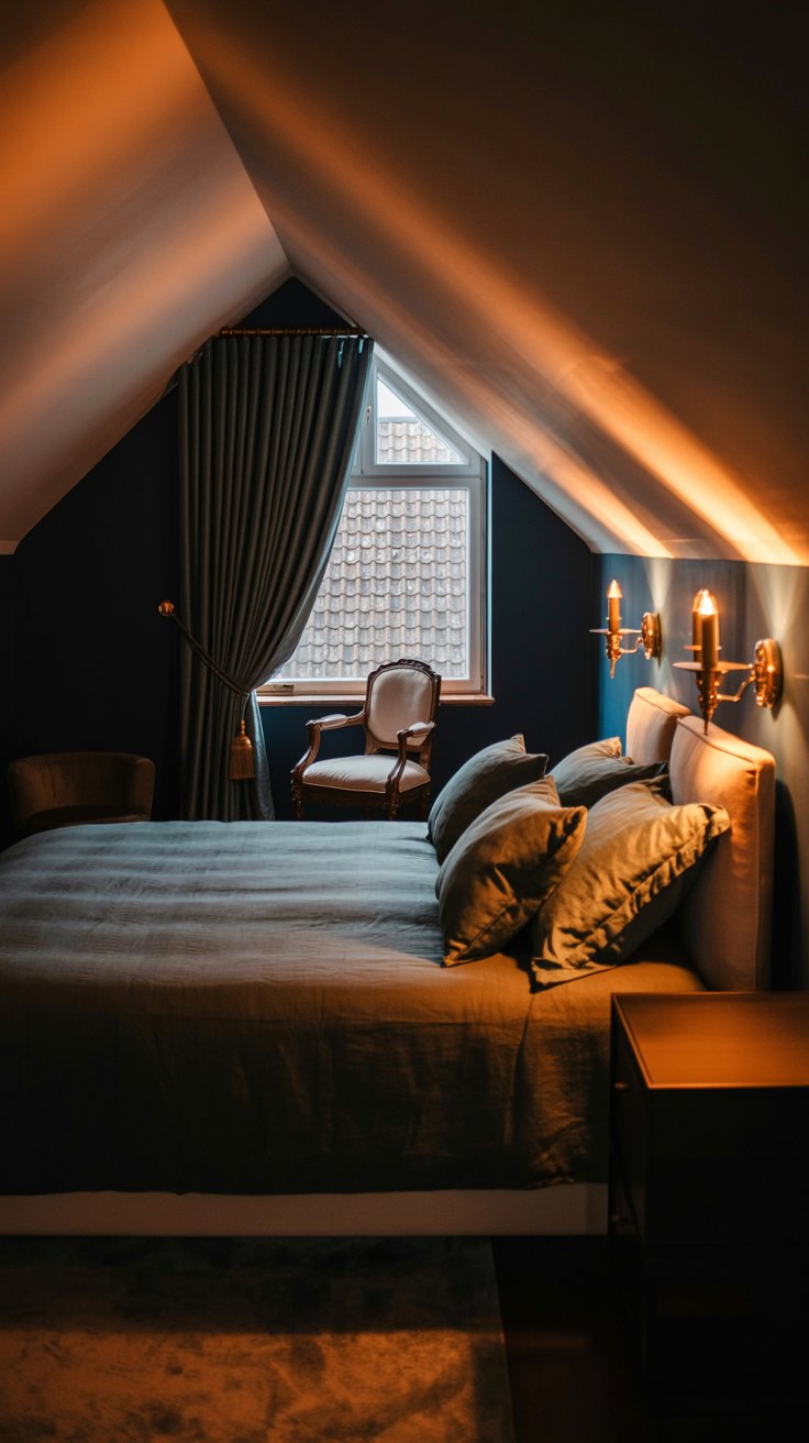 Cozy Attic Bedroom with Dark Tones