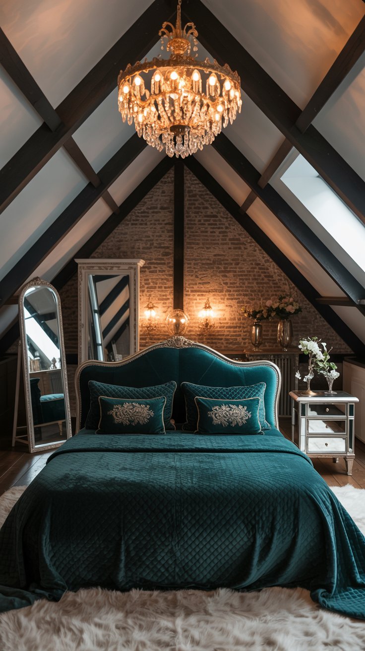 Elegant Attic Bedroom with Teal Accents