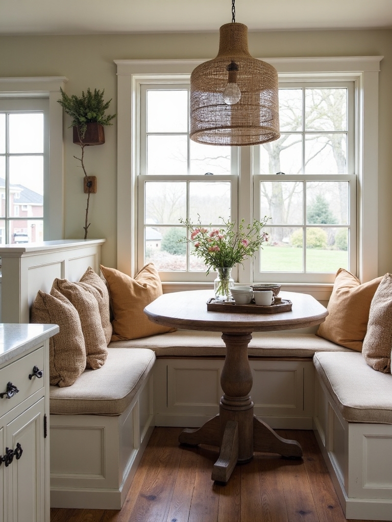 rustic farmhouse seating with fabric cushions