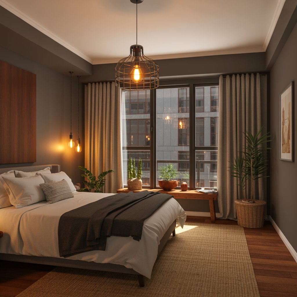 Cozy bedroom with warm lighting and earth tones