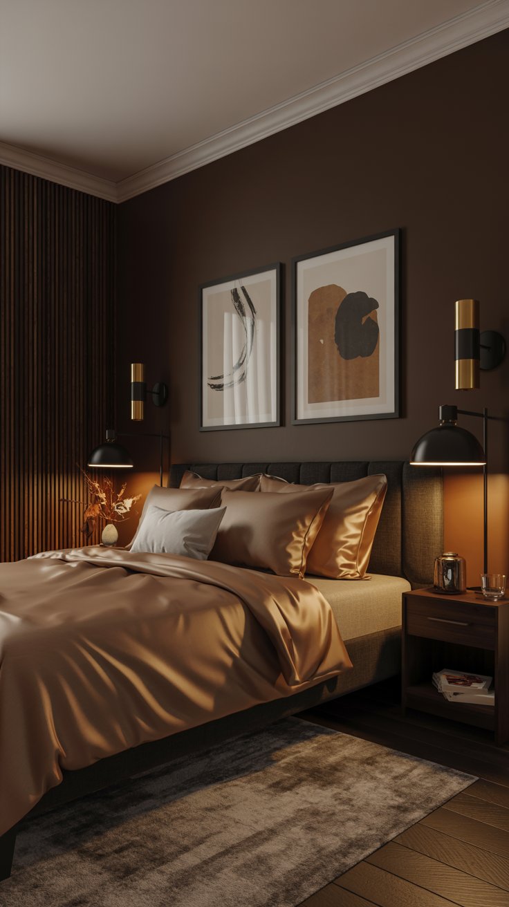 Dark moody bedroom with gold accents