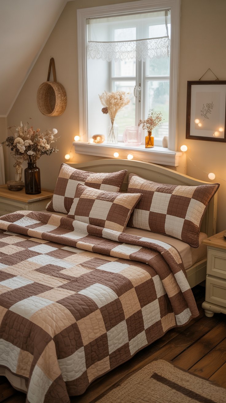 Cottagecore bedroom with quilted bedding