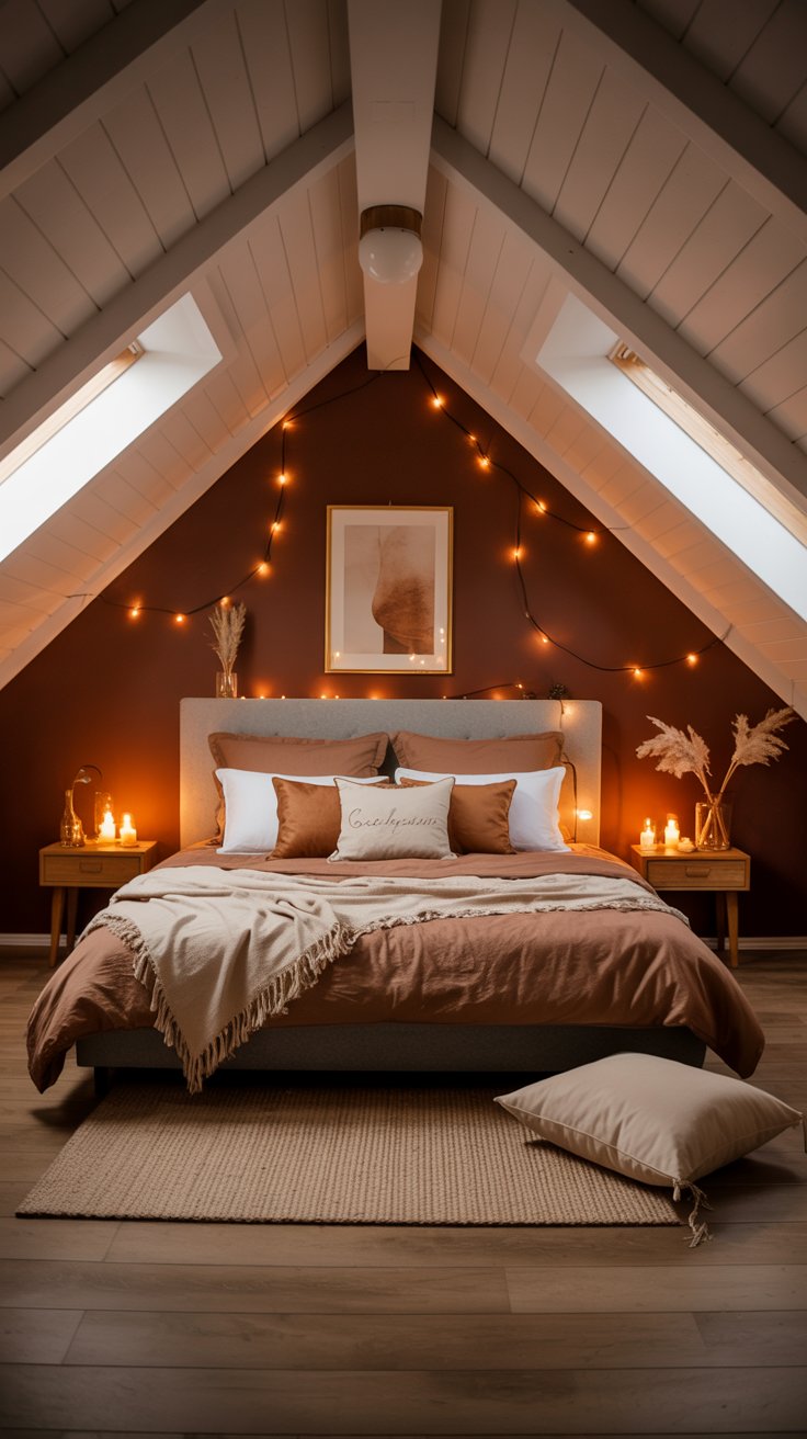 Cozy attic bedroom with warm brown tones