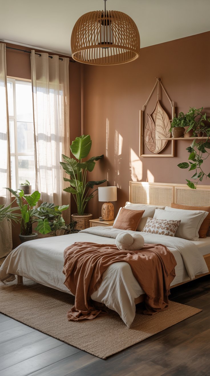 Nature-inspired brown bedroom with green accents