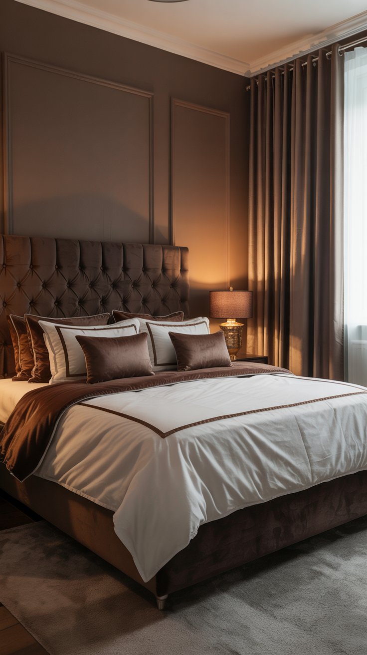 Elegant brown bedroom with velvet accents