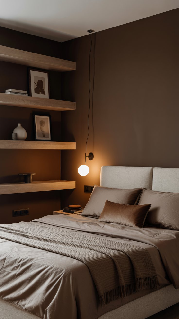 Modern minimalist bedroom with chocolate accents