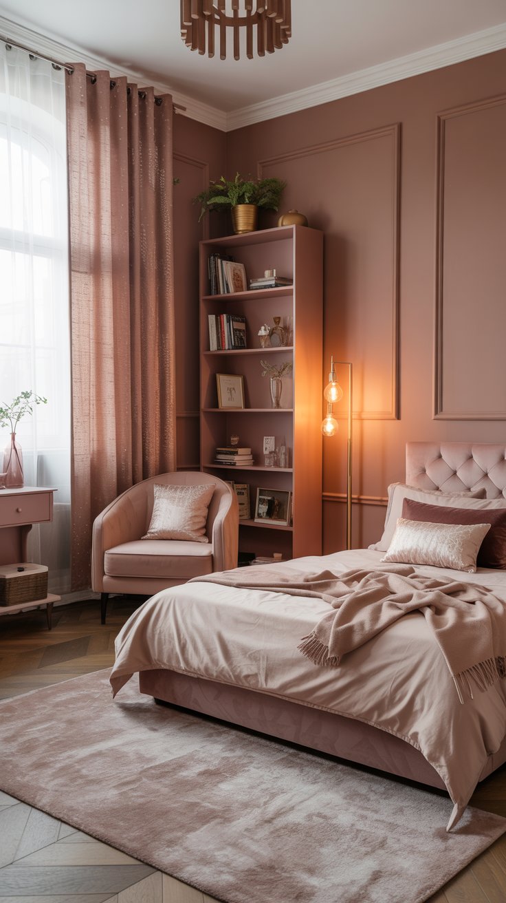 Soft brown bedroom with reading nook