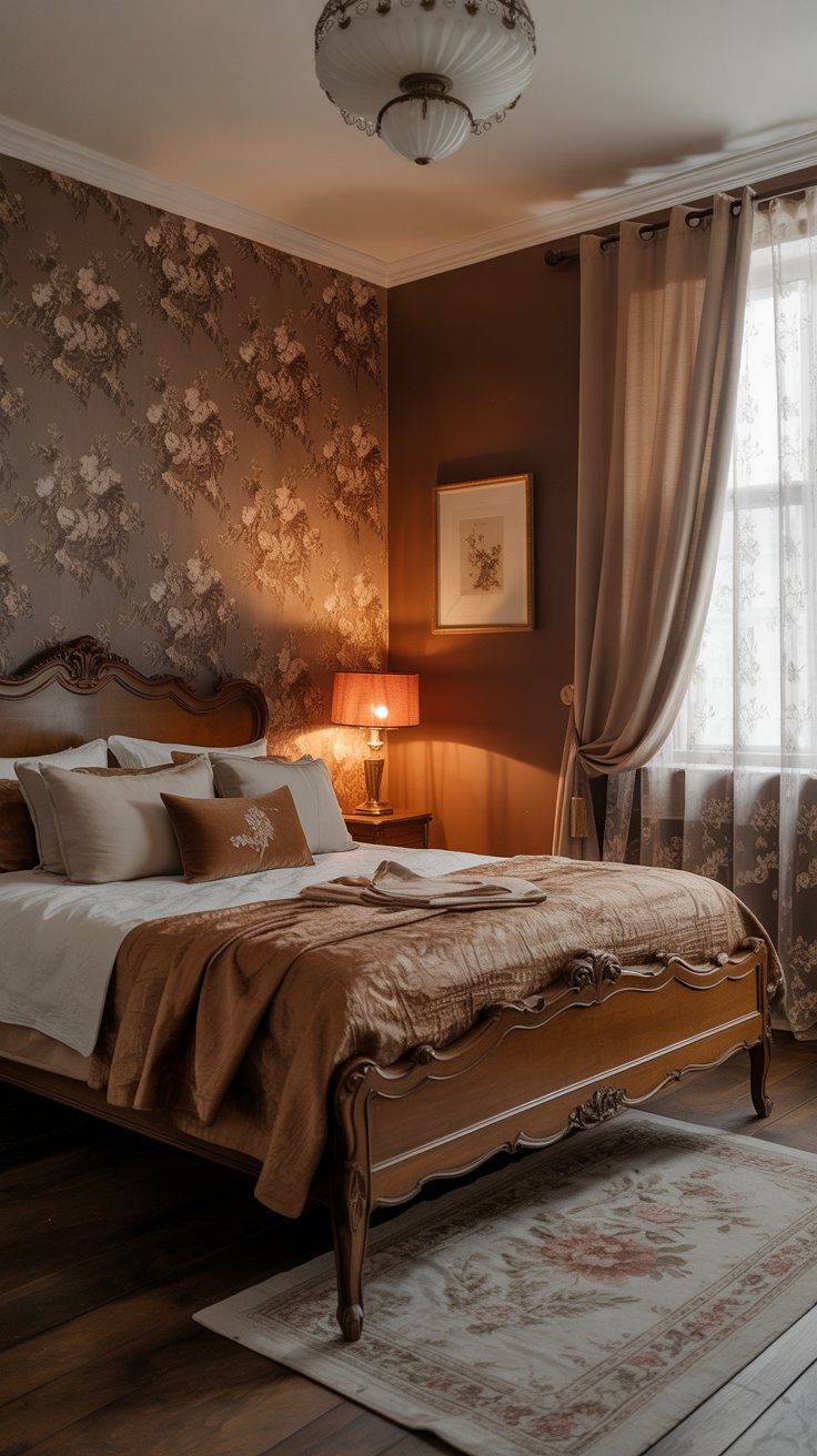 Antique brown bedroom with vintage details