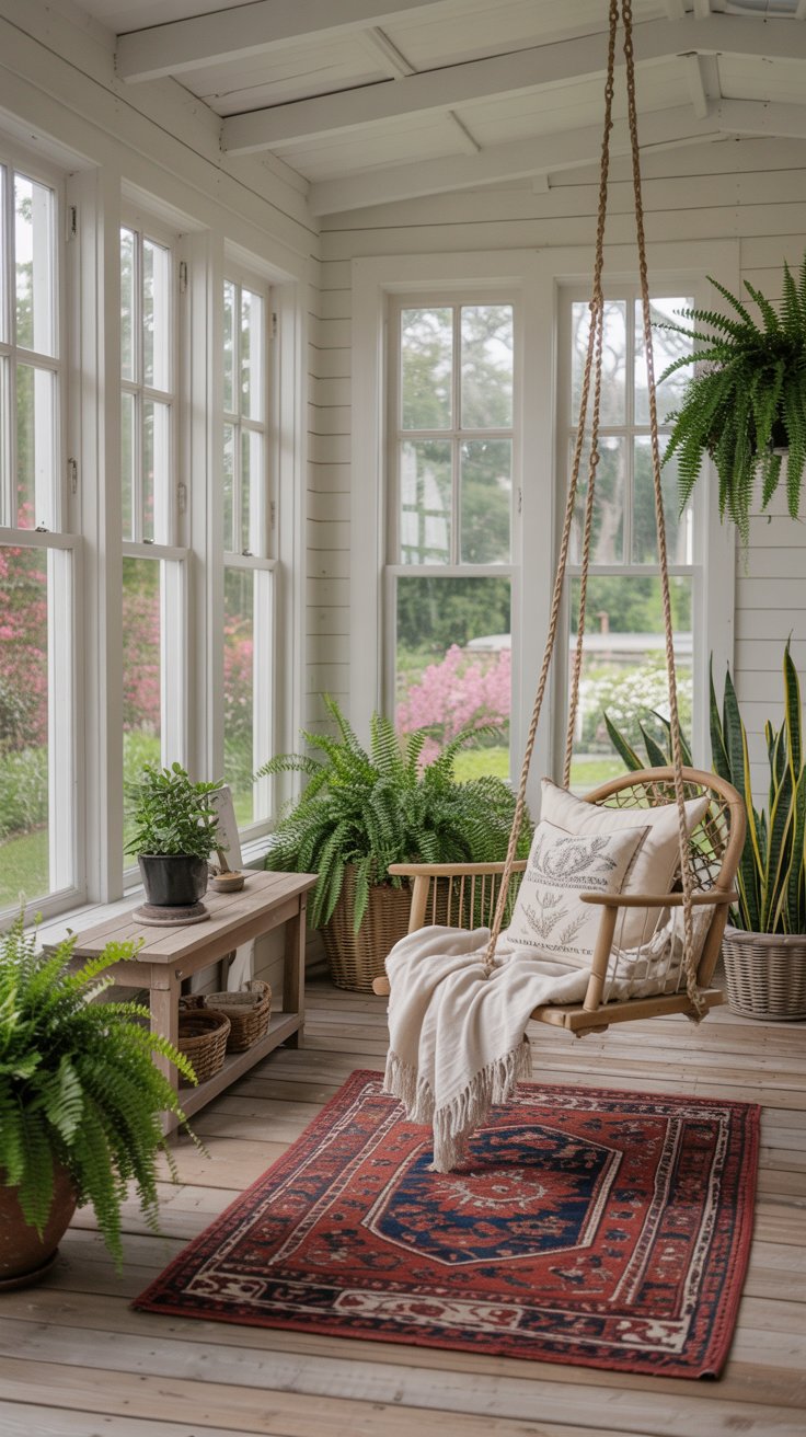 Sunroom with swinging chair and plants