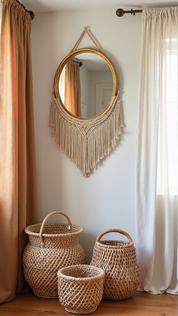 woven baskets organize boho bedroom