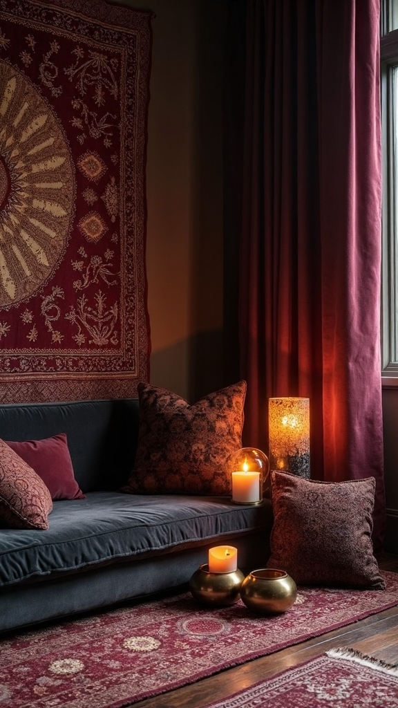cocooning meditation sanctuary with dark textiles