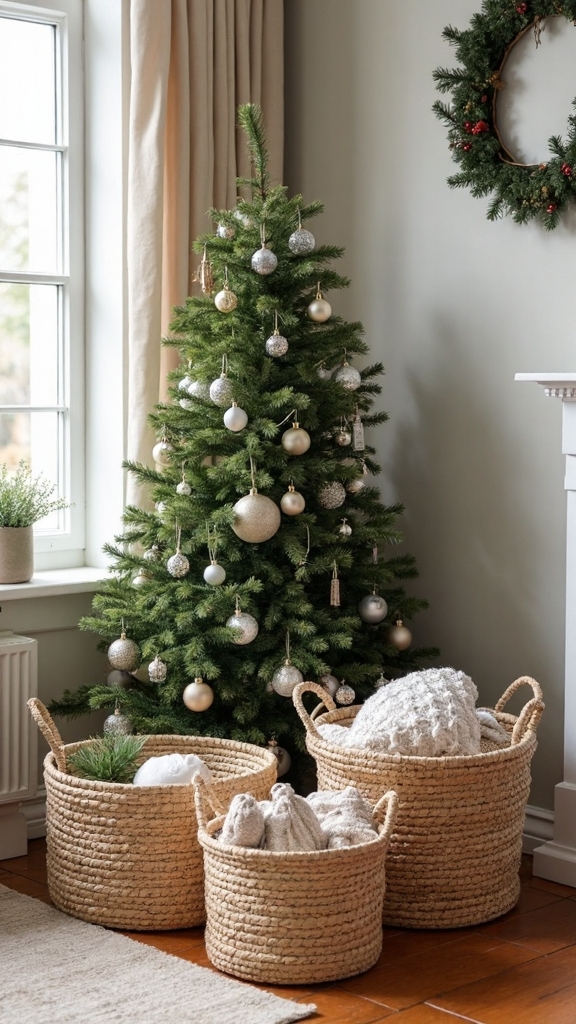 organize christmas decor in multipurpose baskets