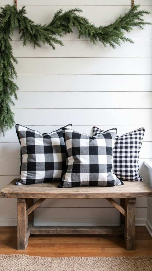 monochrome plaid farmhouse bench decor