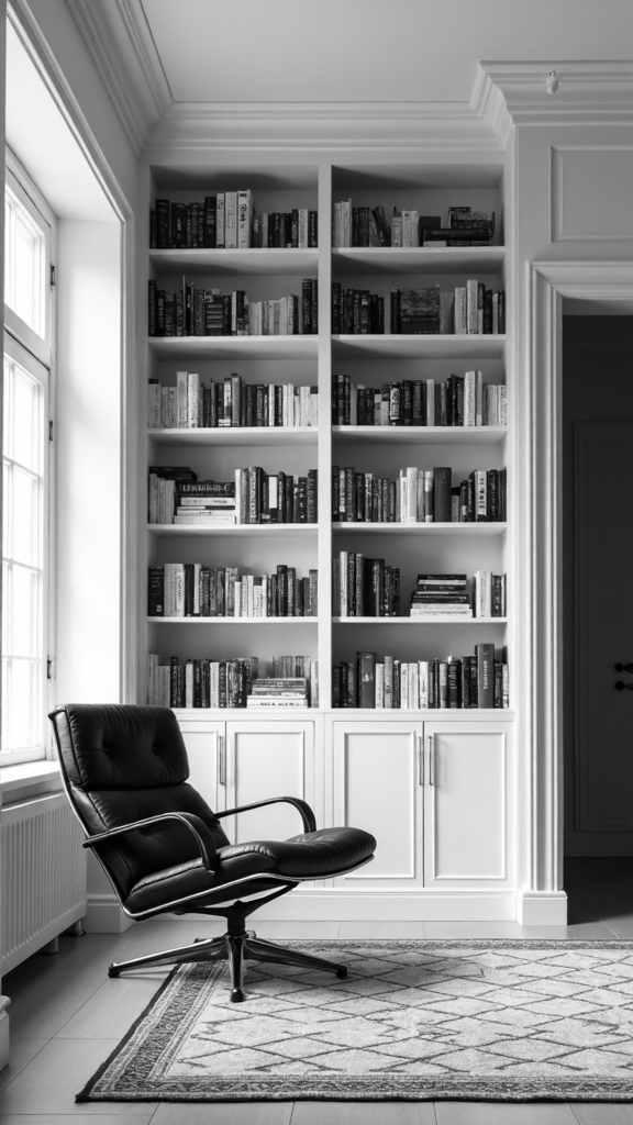 sophisticated monochrome minimalist library shelving