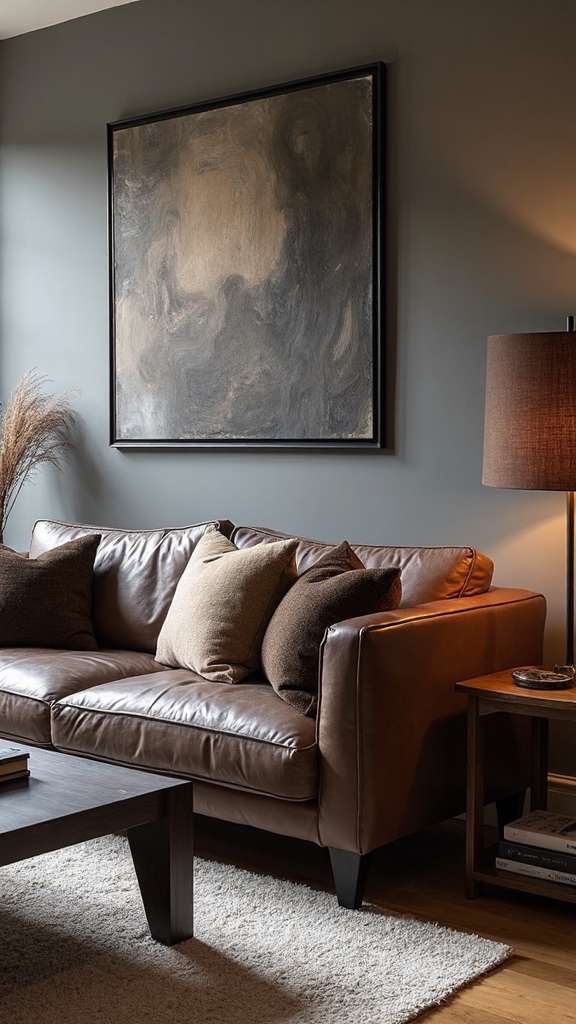 dramatic mushroom grey and espresso living room