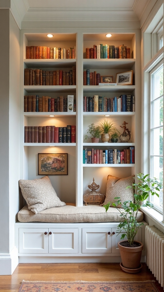 alcove home library floor to ceiling shelving