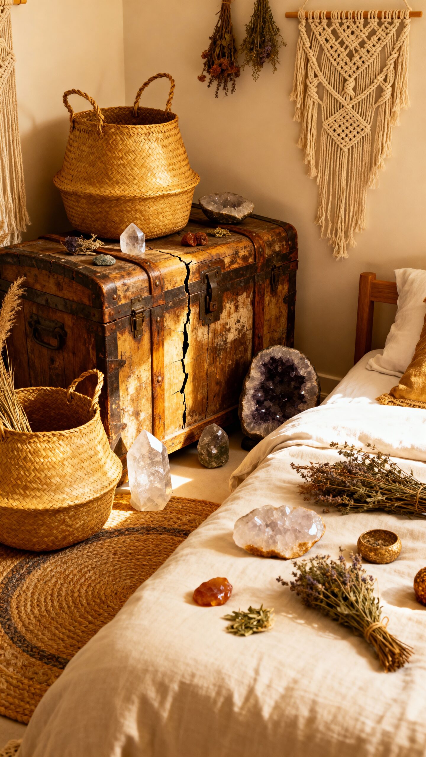 boho storage solutions for witchy bedroom