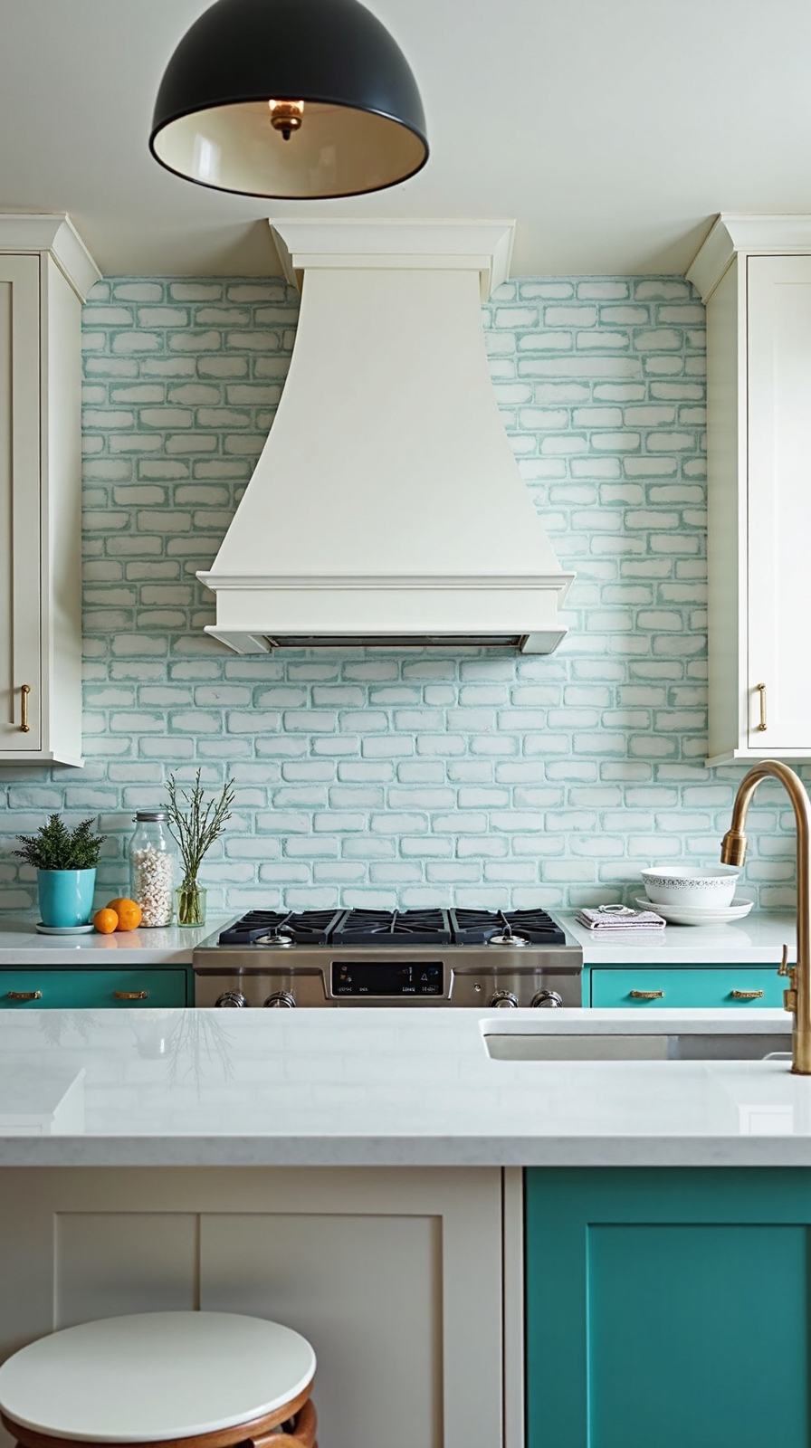 brick tile backsplash with colored grout