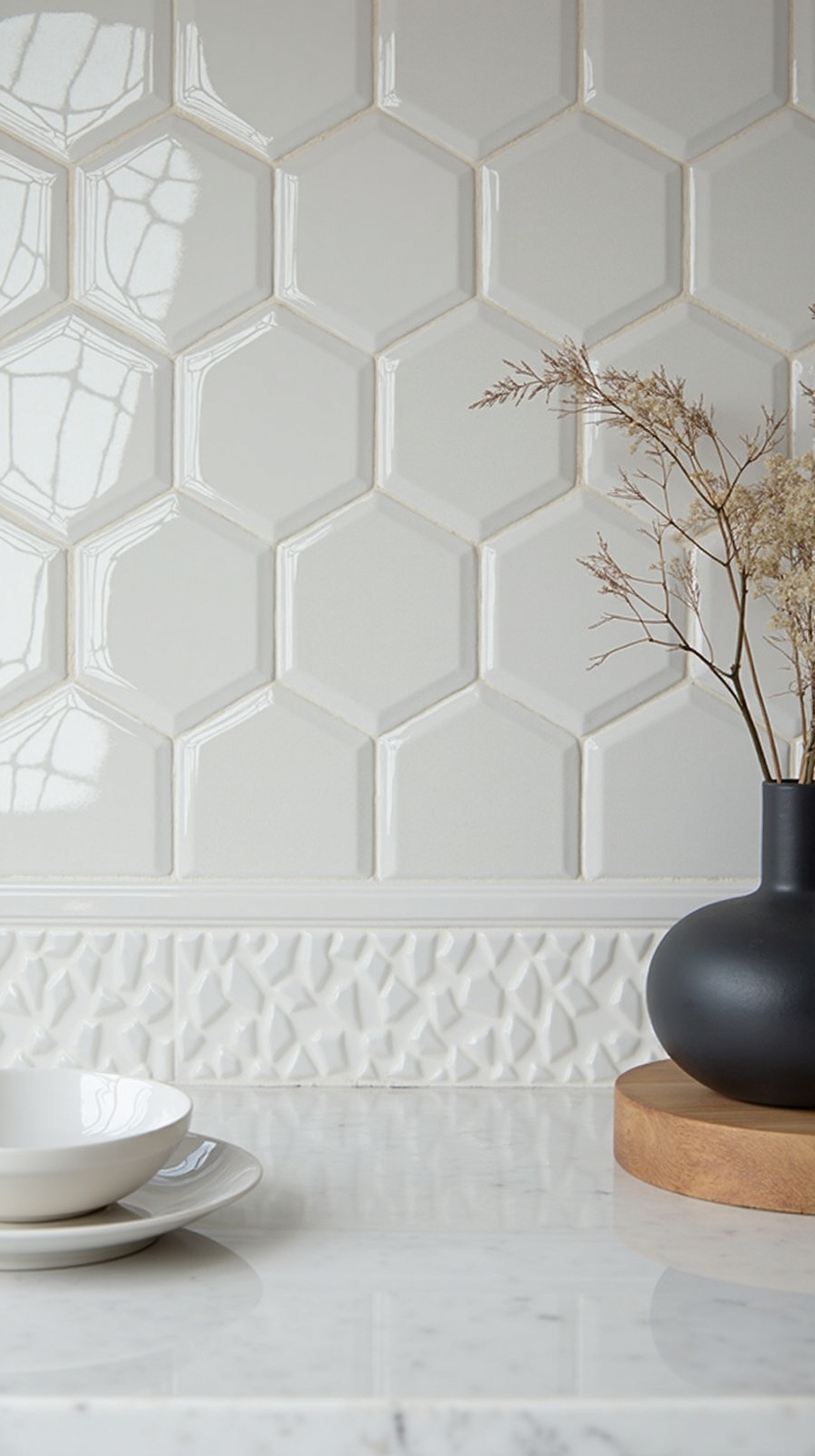 monochromatic textured backsplash