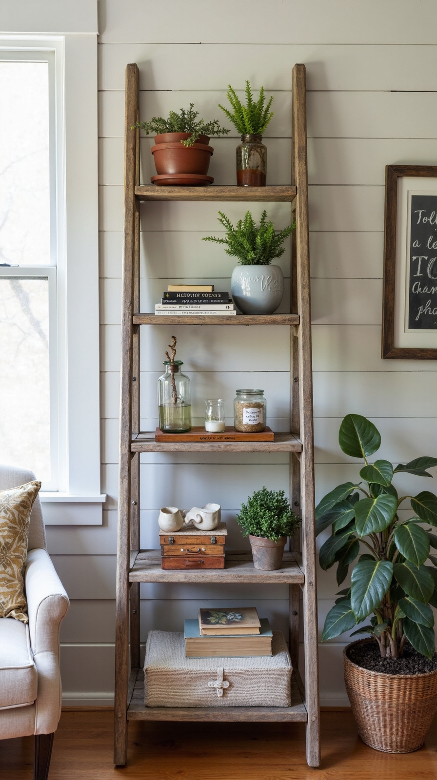 repurposed rustic wooden ladder bookshelf
