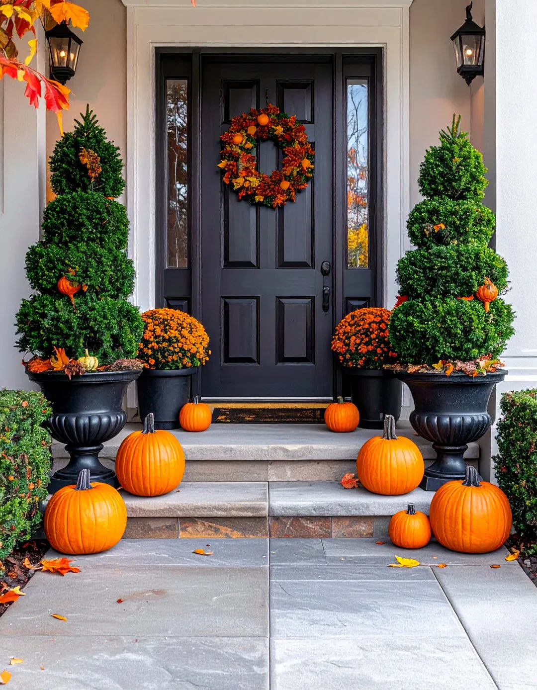 Topiaries Flanking Entrance - Fall Front Door Decor