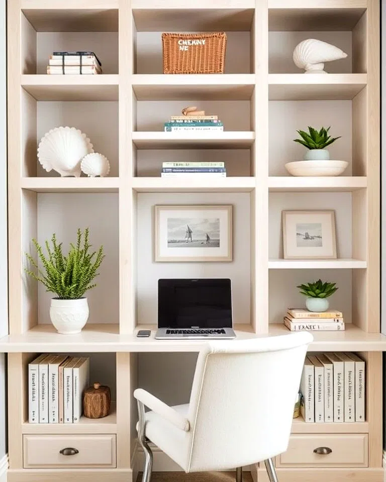 light wood shelving in coastal office