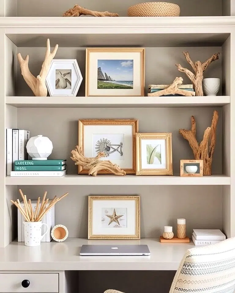 driftwood decor in coastal office