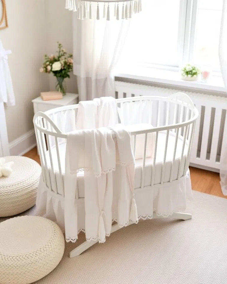 white bassinet with linens