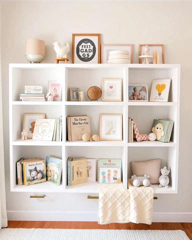 white bookshelves in nursery