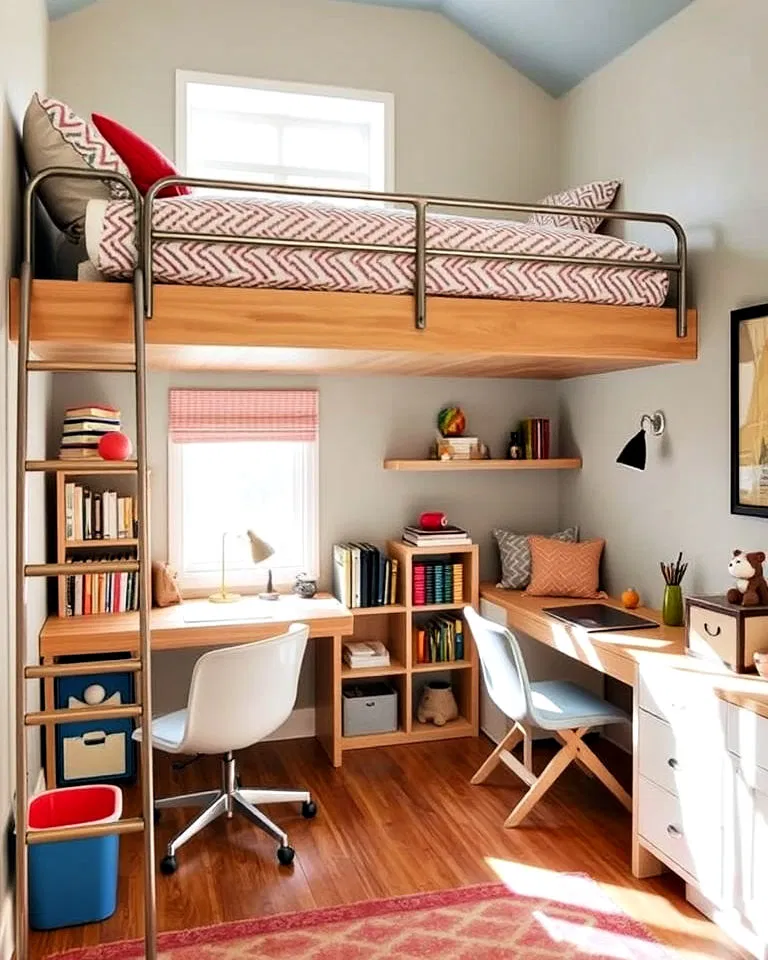 Loft beds with study nooks in shared kids' room