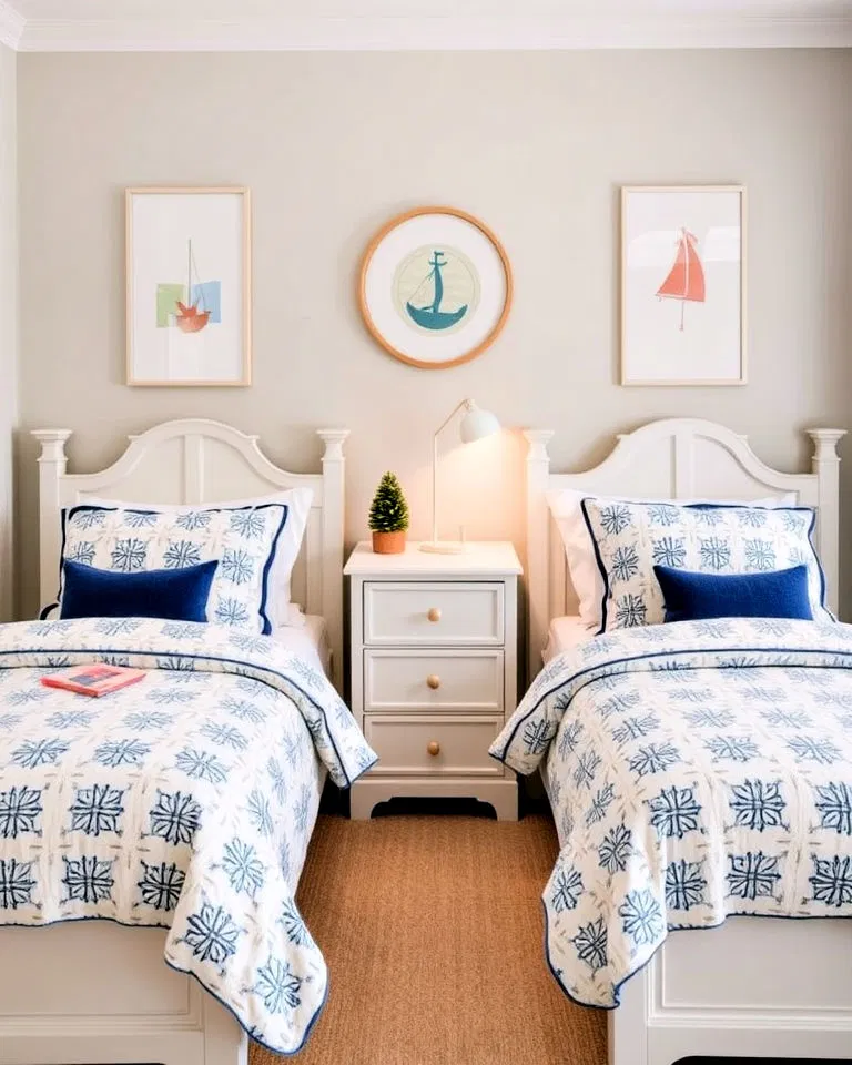 Twin beds with creative themes in a shared kids' room