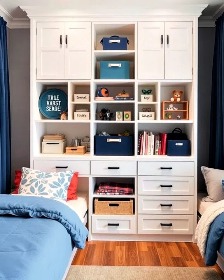 Custom storage units in a shared kids' room