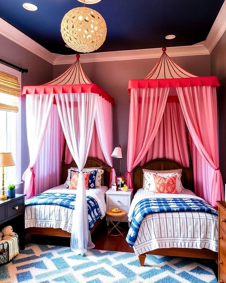 Canopy beds adding charm to shared kids' room