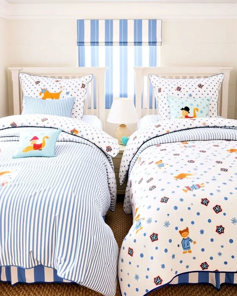 Coordinated bedding in shared kids' room