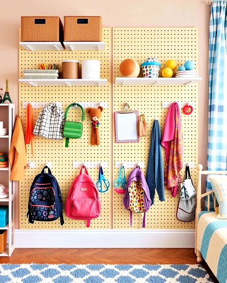 Pegboard walls in shared kids' room