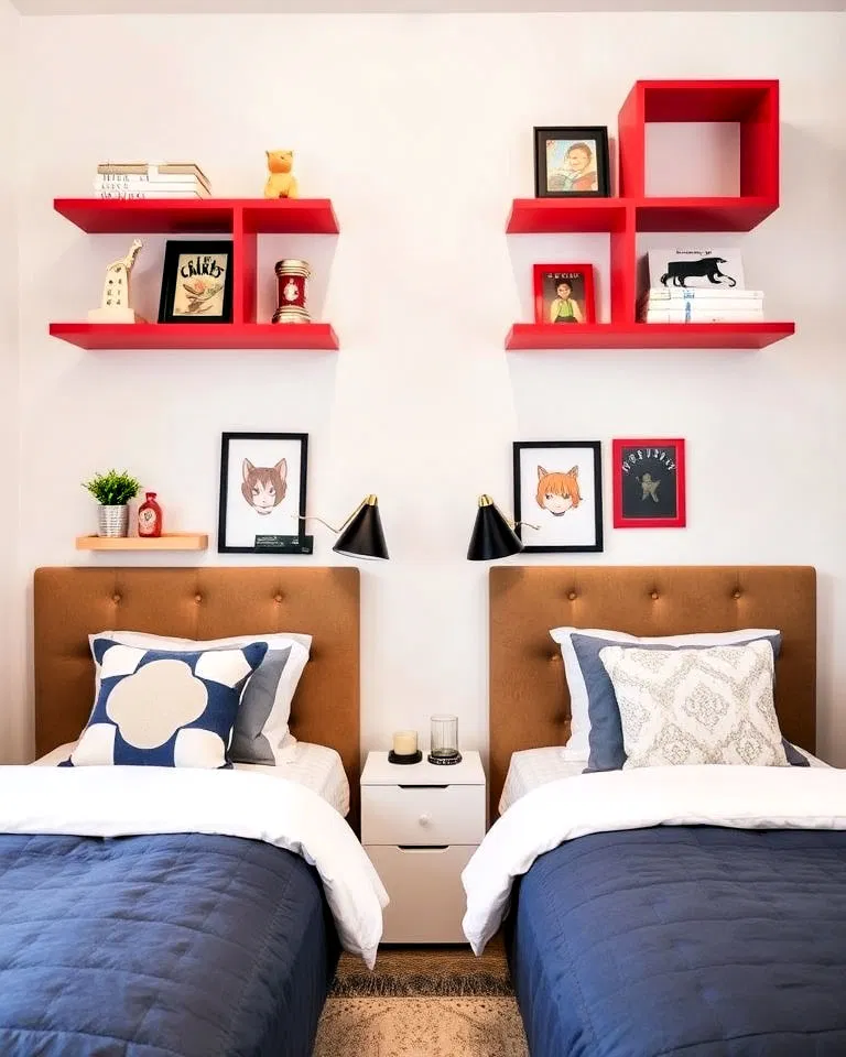 Floating shelves in shared kids' room