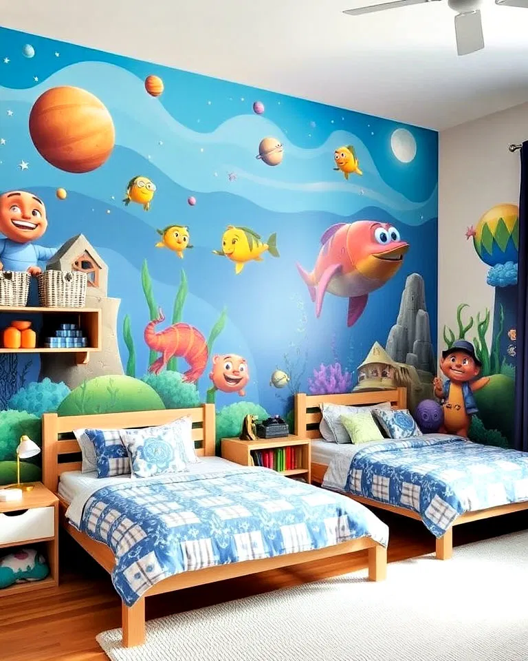 Themed wall murals in shared kids' room