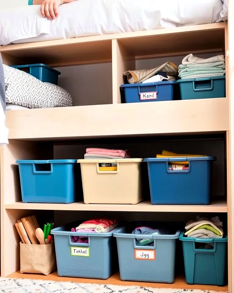 Stackable storage bins in shared kids' room