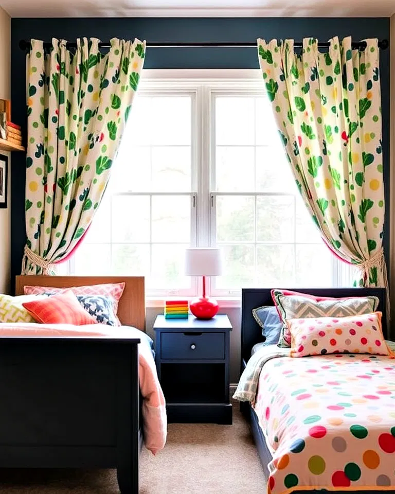 Bright curtains in shared kids' room