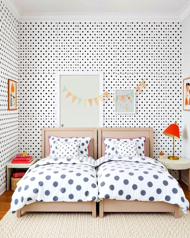 Overlapping wallpaper patterns in shared kids' room
