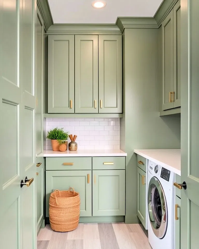 earthy sage green laundry room cabinets